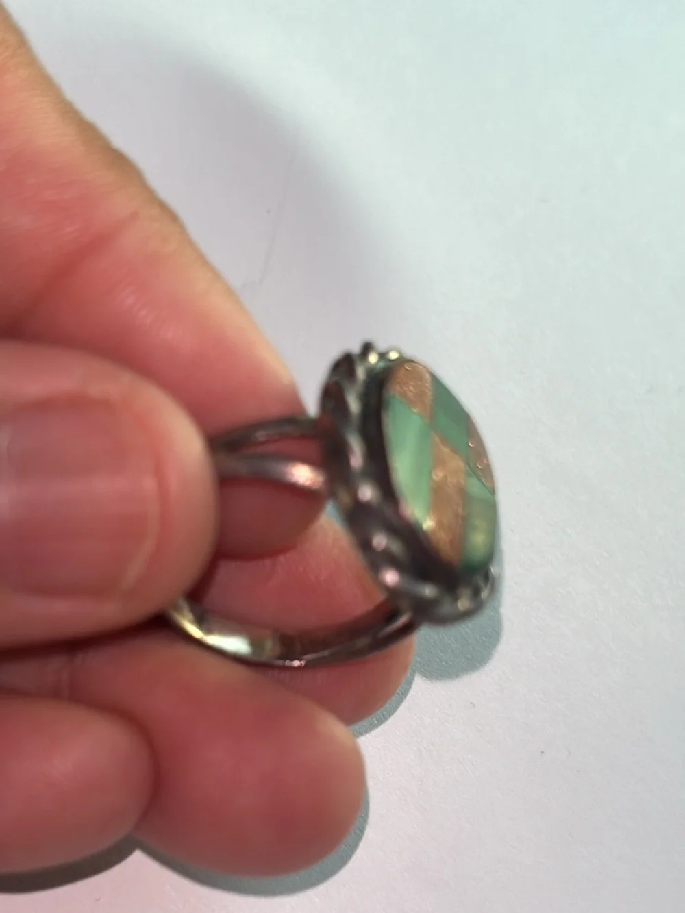 Sterling Silver Inlay Green Malachite and Copper Glitter Oval Ring